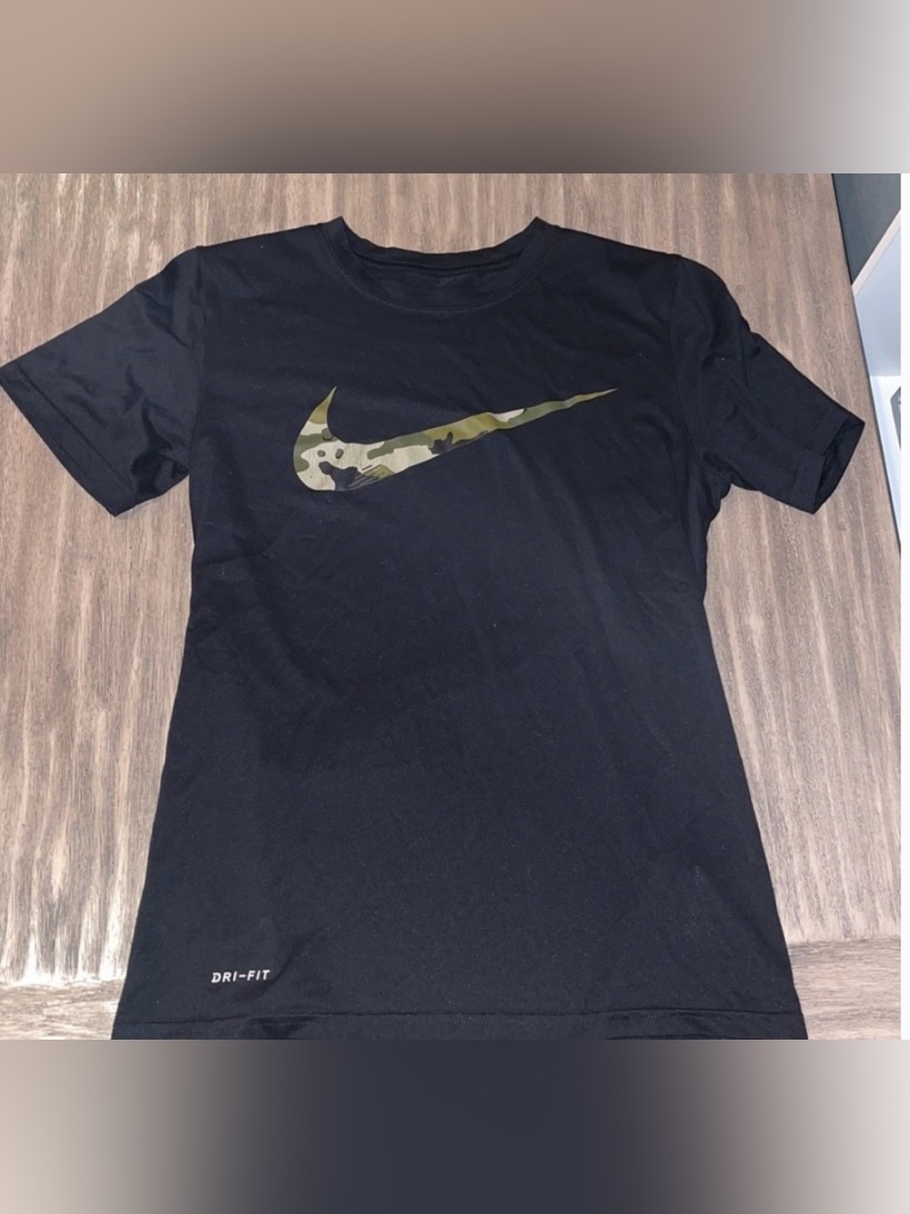 Nike Black Short Sleeve Tee with Green Camo Swoosh
